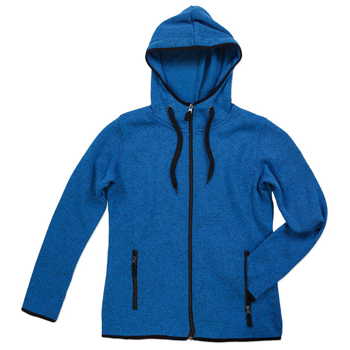 Pile da donna con zip e cappuccio blu melange con tasche laterali con zip