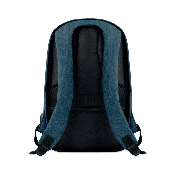 Zaino blu in poliestere con schienale rinforzato, cavo di ricarica usb e zip nascoste sul retro