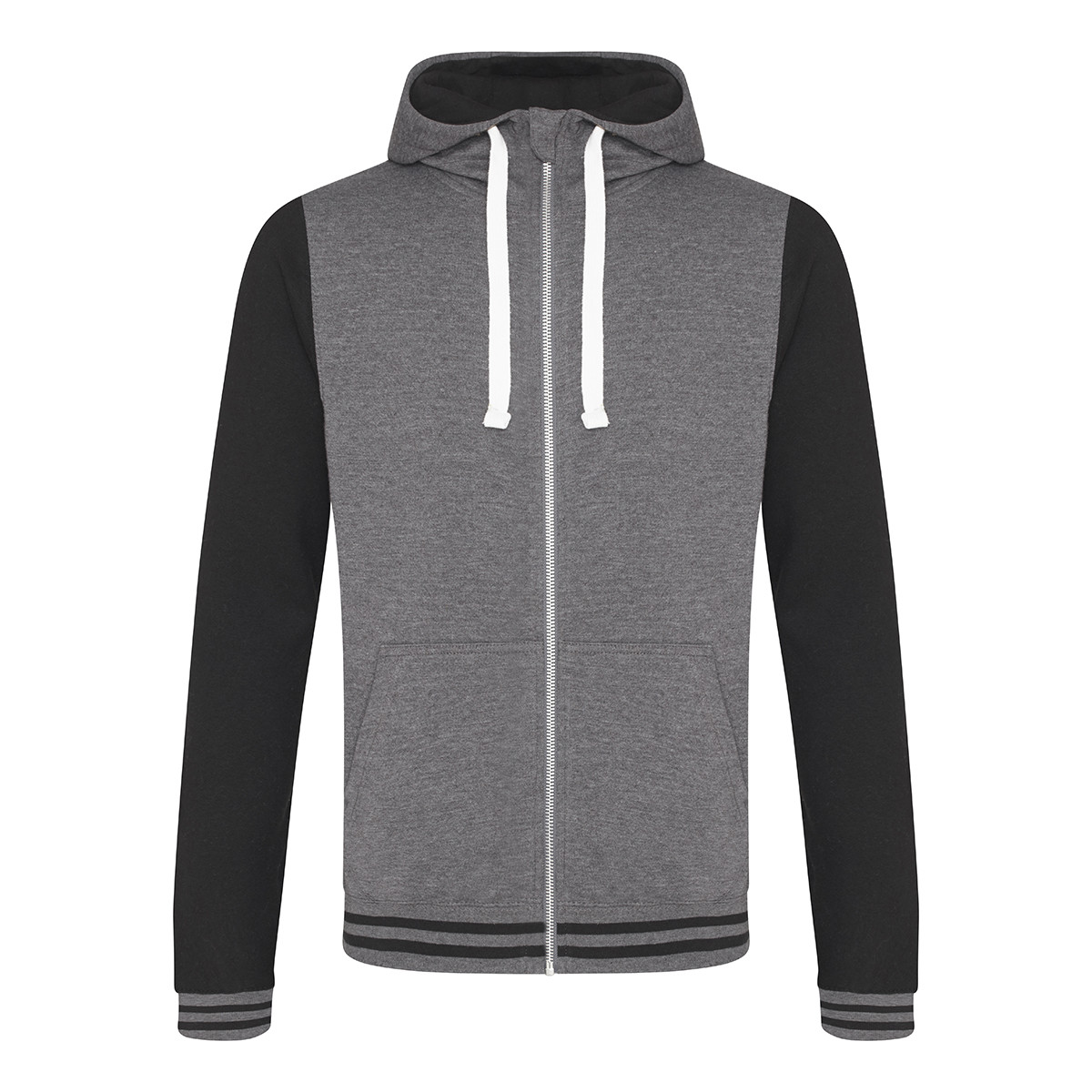 Felpa grigia e nera in cotone con cappucio, zip e tasche a marsupio