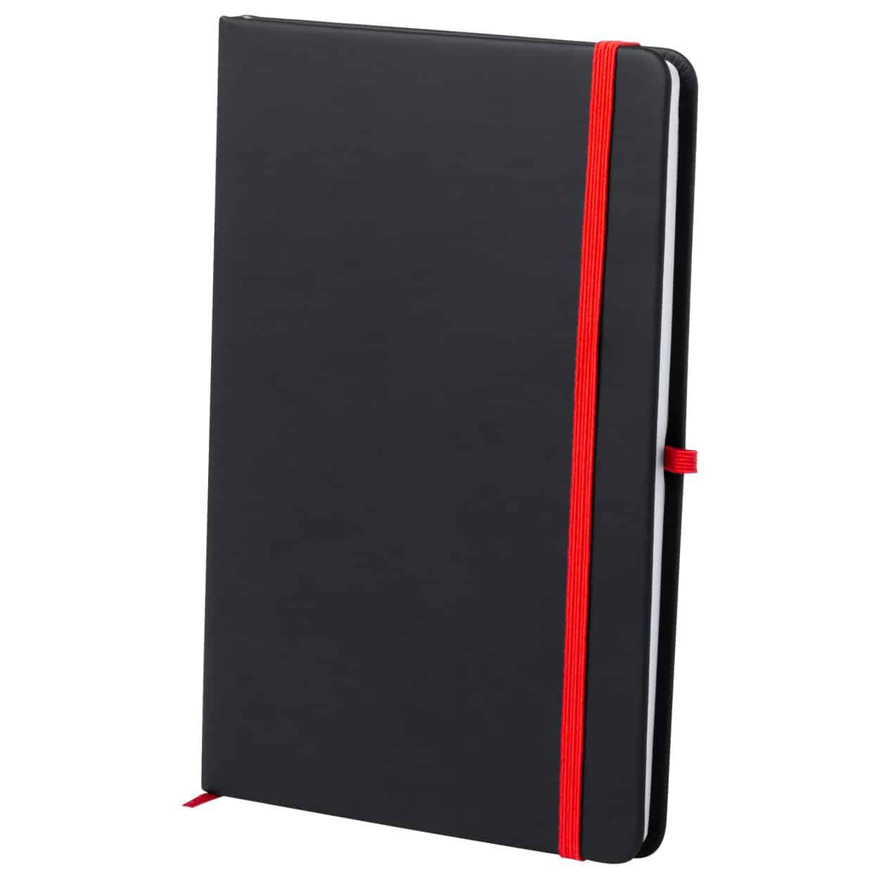 Bloc notes con copertina in similpelle nera ed elastico rosso