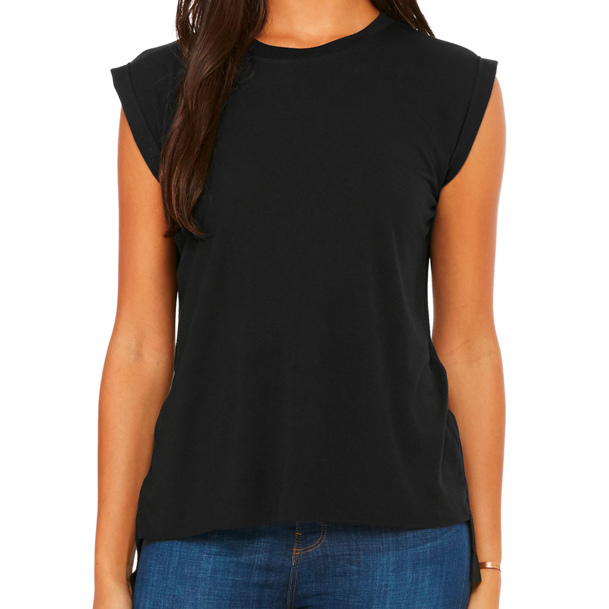 Tshirt nera in poliestere con maniche corte arrotolate e girocollo