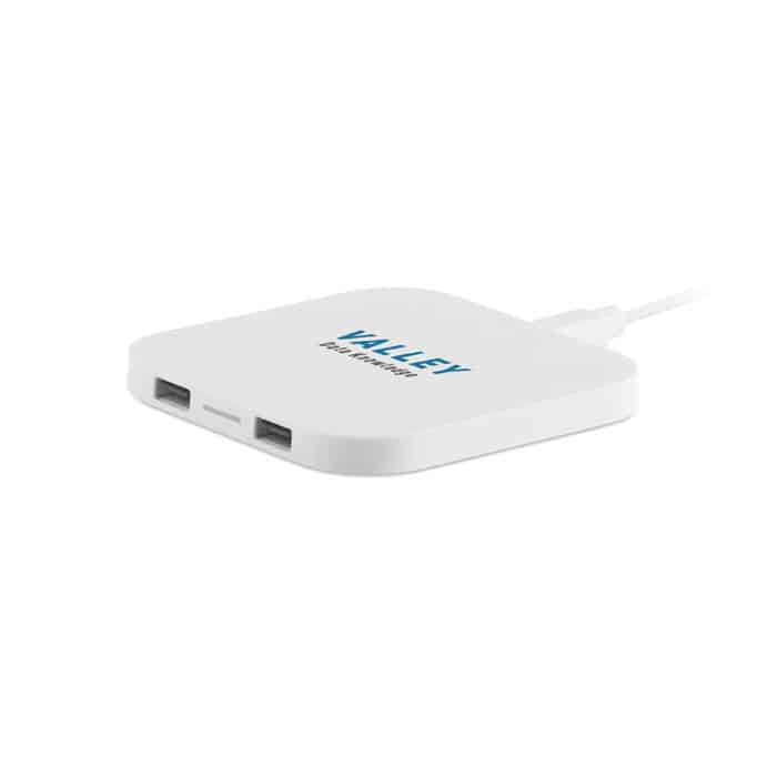 Caricatore bianco wireless con due porte usb con logo