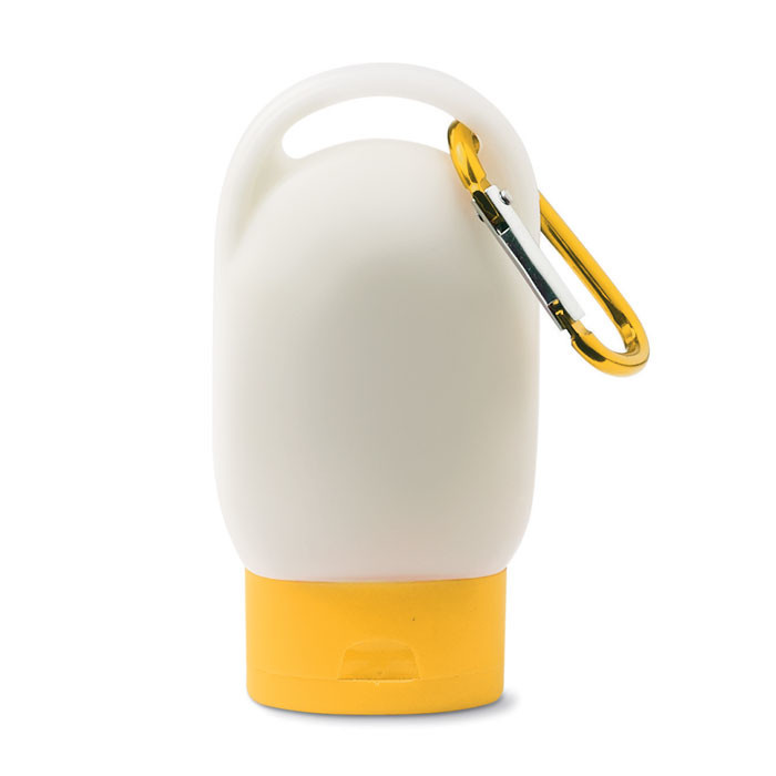 Crema solare bianca e arancione con moschettone arancione