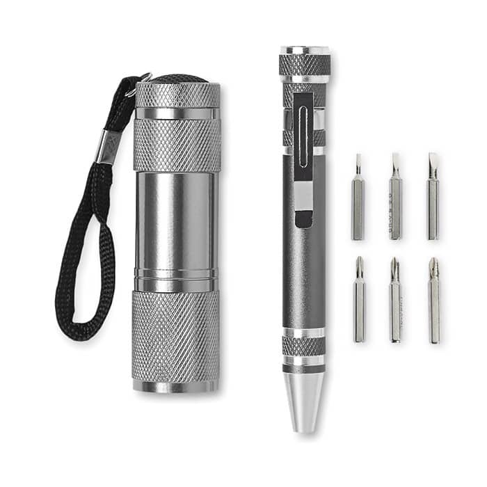 Torcia grigia in alluminio con cacciavite con punte intercambiabili grigio