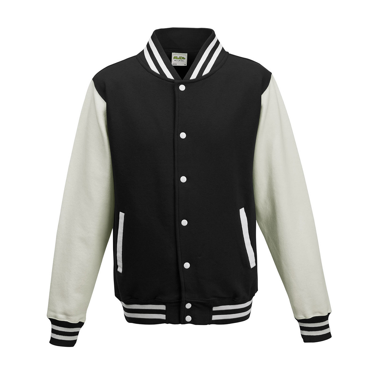 Giacca baseball nera con manica lunga bianca con bottoni e due tasche