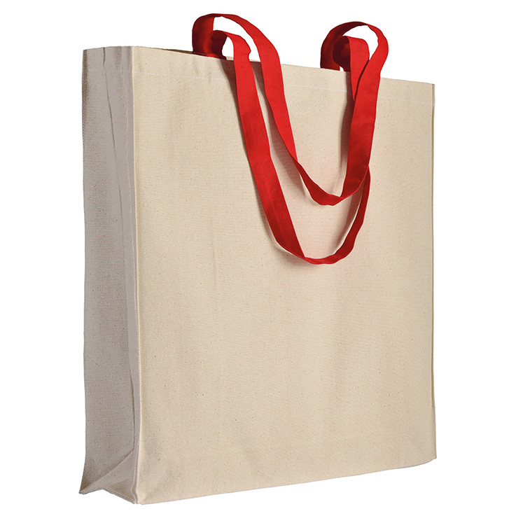 Shopper in cotone naturale con manici lunghi rossi