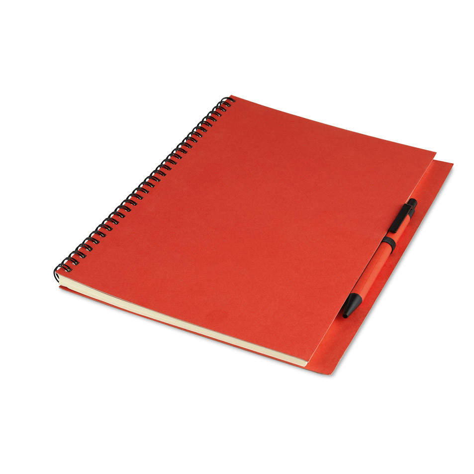 Bloc notes rosso in carta riciclata con penna a sfera in cartone biodegradabile