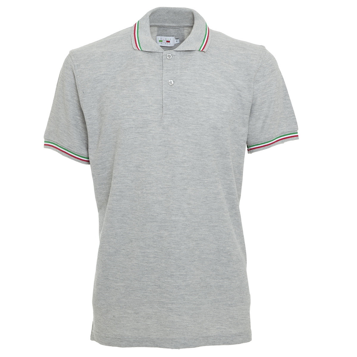 Polo unisex grigio melange manica corta con bordatura tricolore Italia su collo e maniche