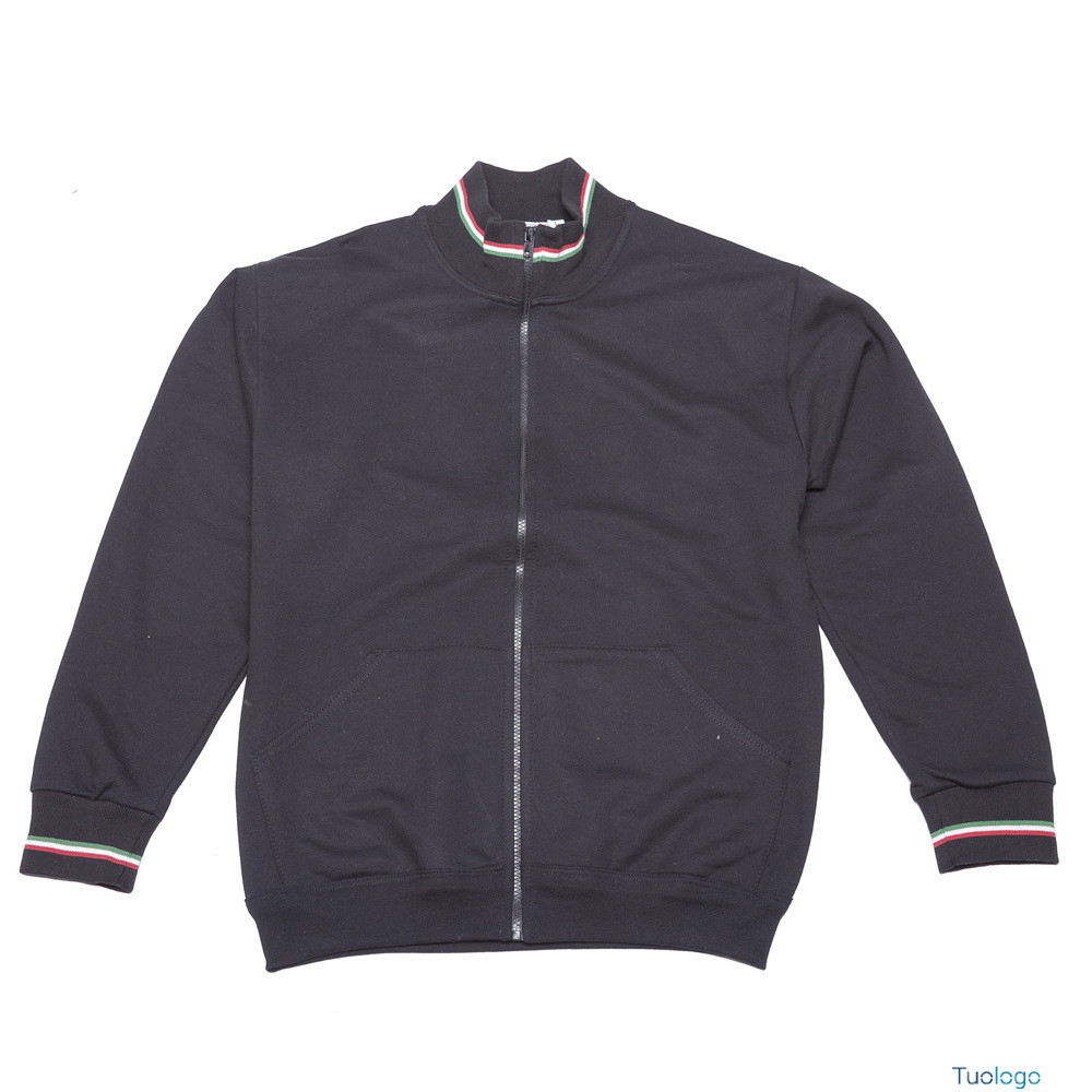 Felpa unisex nera a collo alto con zip inserti tricolore su collo e polsini e tasche a marsupio