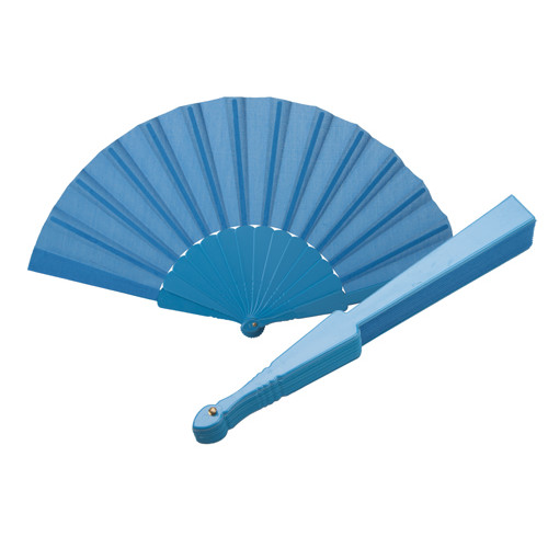 Ventaglio in tessuto blu con bastoncino di plastica
