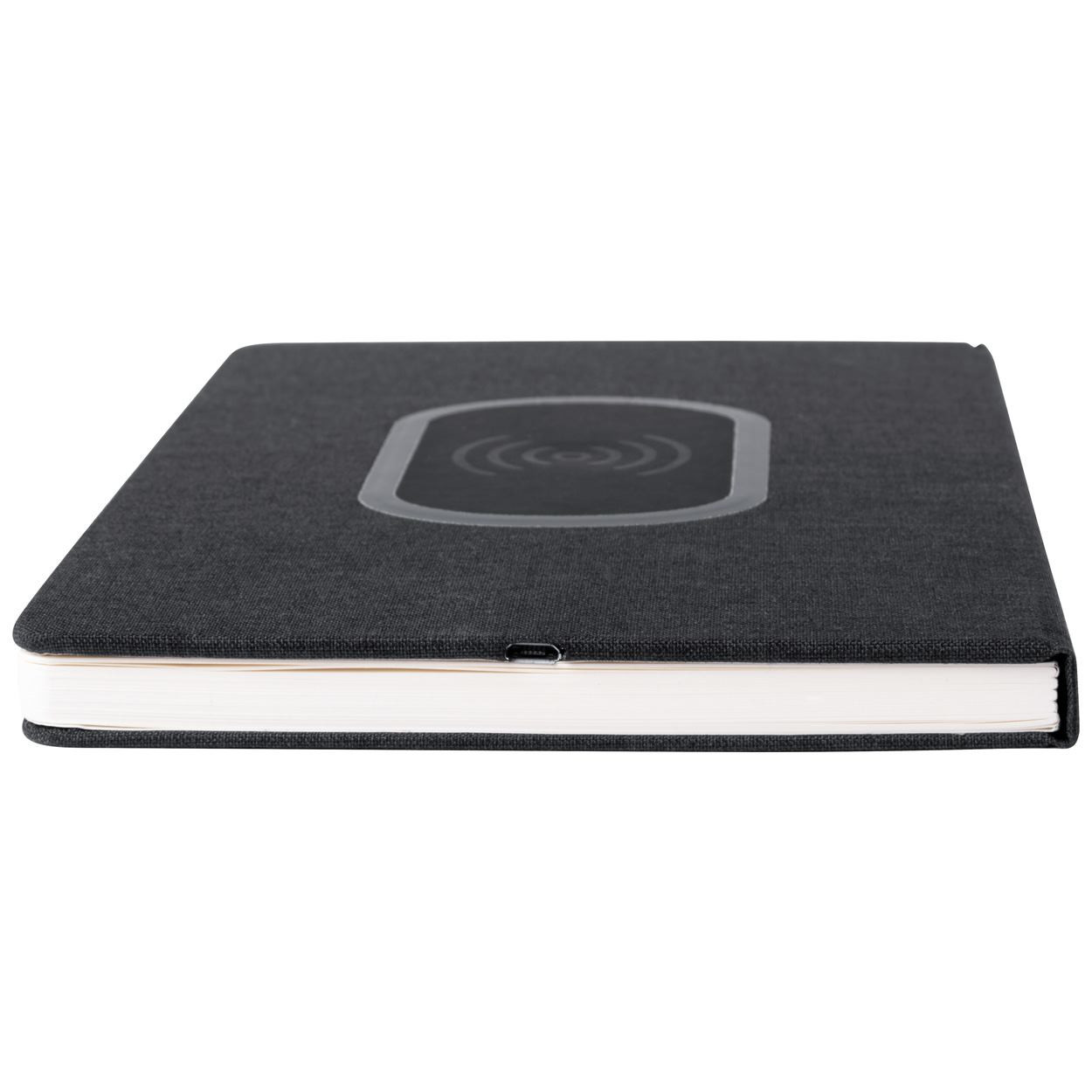 Bloc notes con copertina in poliestere nera e caricatore wireless