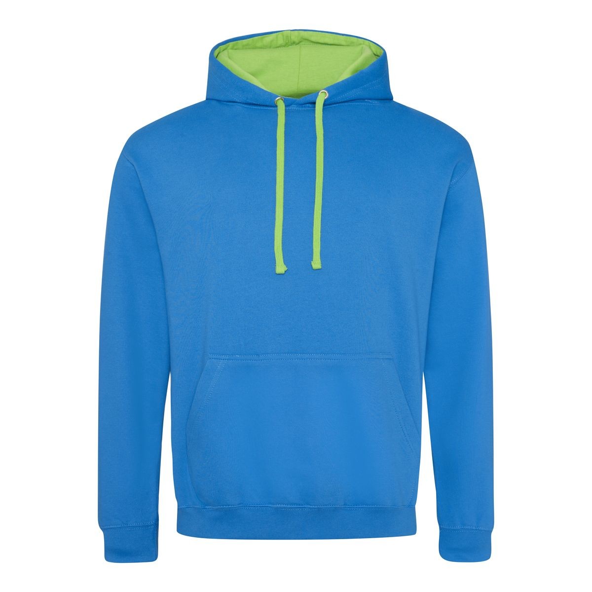 Felpa blu con interno verde con tascone e cappuccio