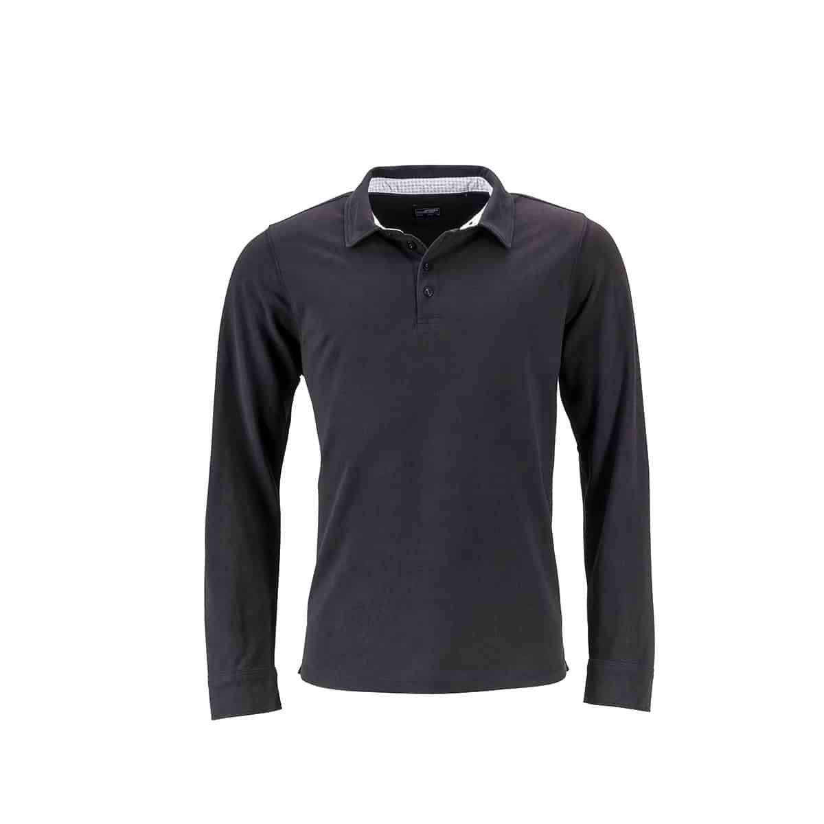 Polo uomo nera manica lunga inserti a contrasto nel colletto e 4 bottoni