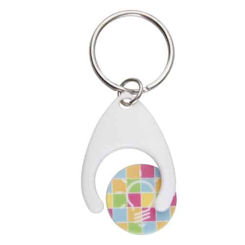 Portachiavi con gettone in plastica bianca con anello in metallo