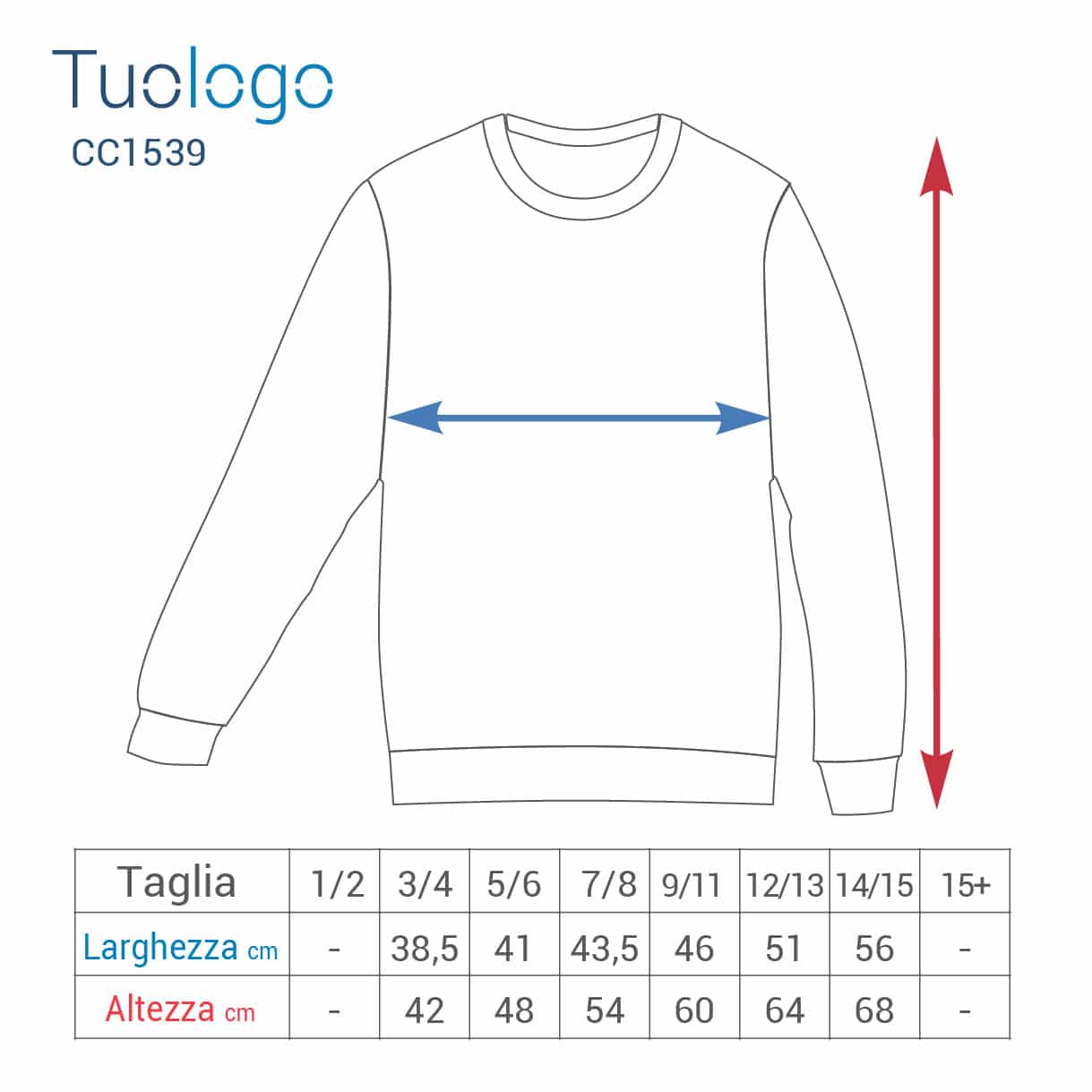 Tabella larghezza e lunghezza taglie felpa da bambino