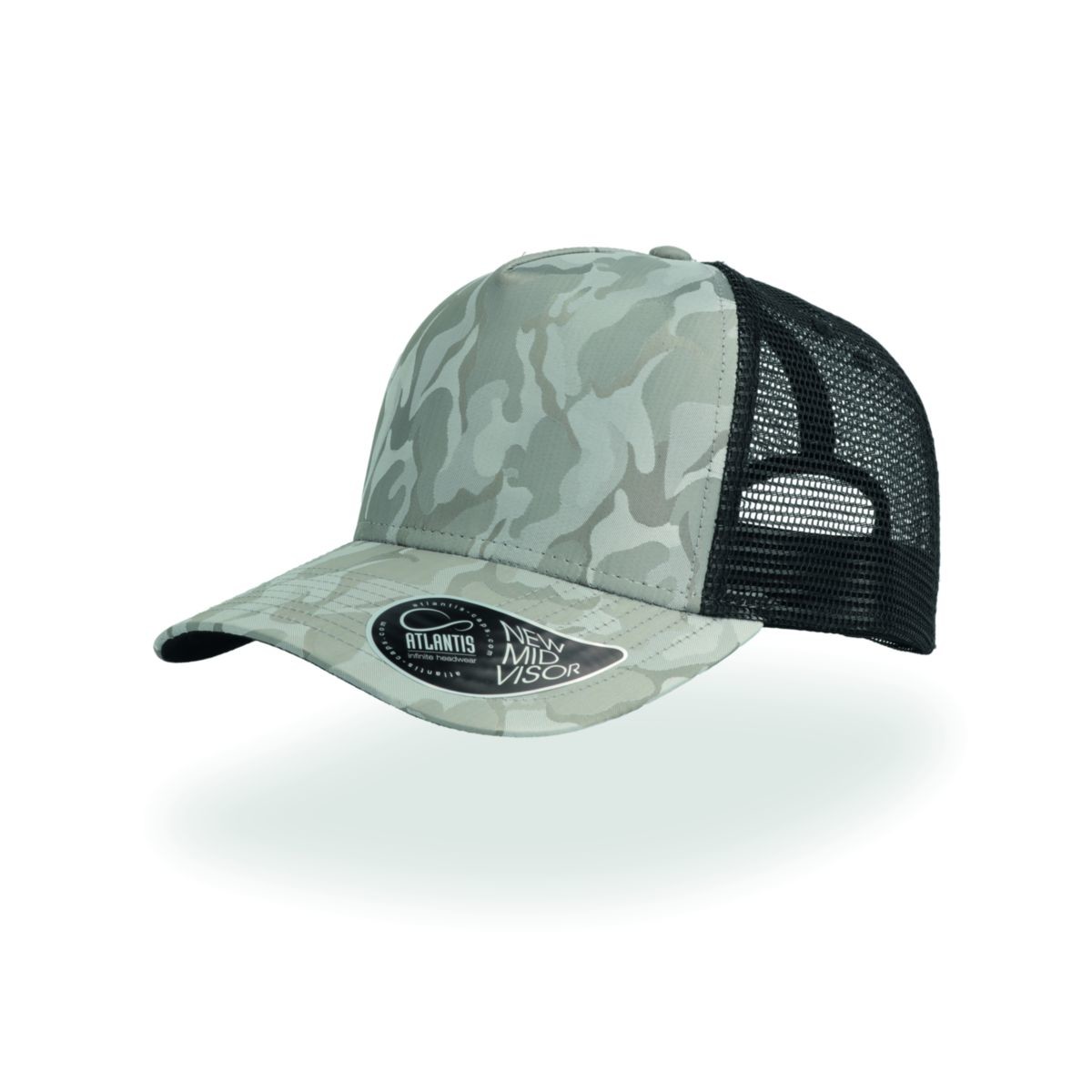 Cappellino in rete nera con pannello frontale fantasia grigio chiaro su sfondo bianco