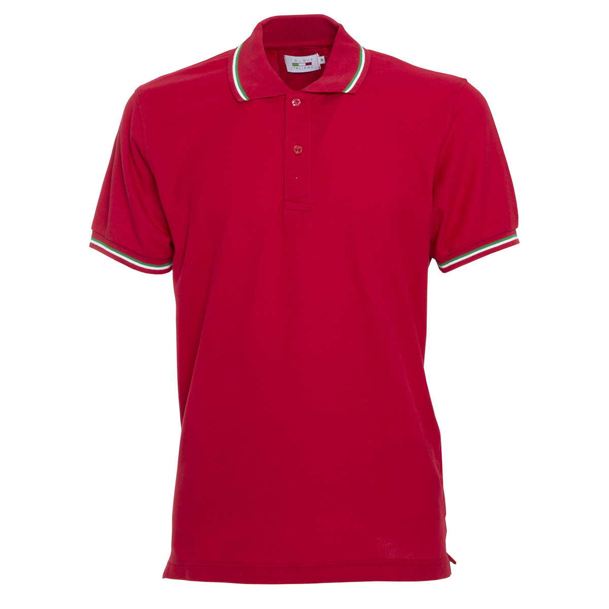 Polo unisex rossa manica corta con bordatura tricolore Italia su collo e maniche