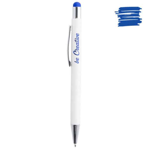 Penna a sfera in alluminio bianco con puntatore touch blu e logo
