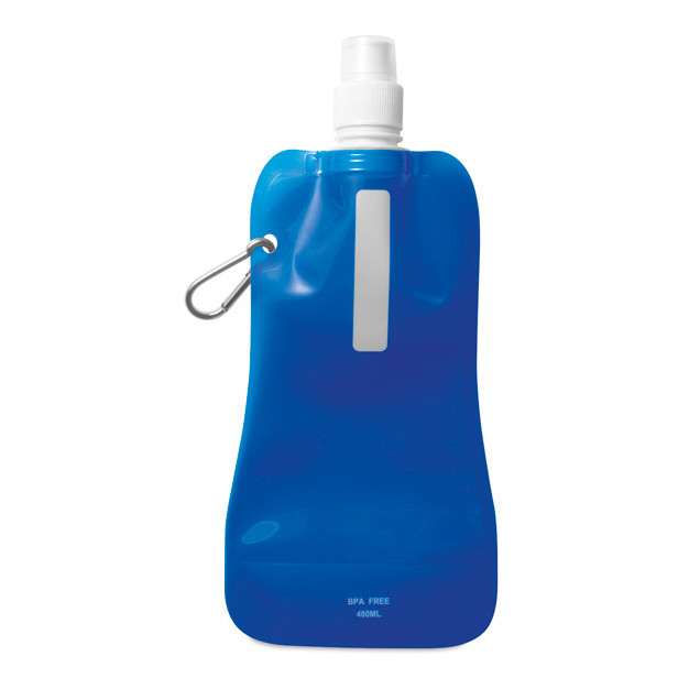 Borraccia in plastica blu con moschettone in alluminio