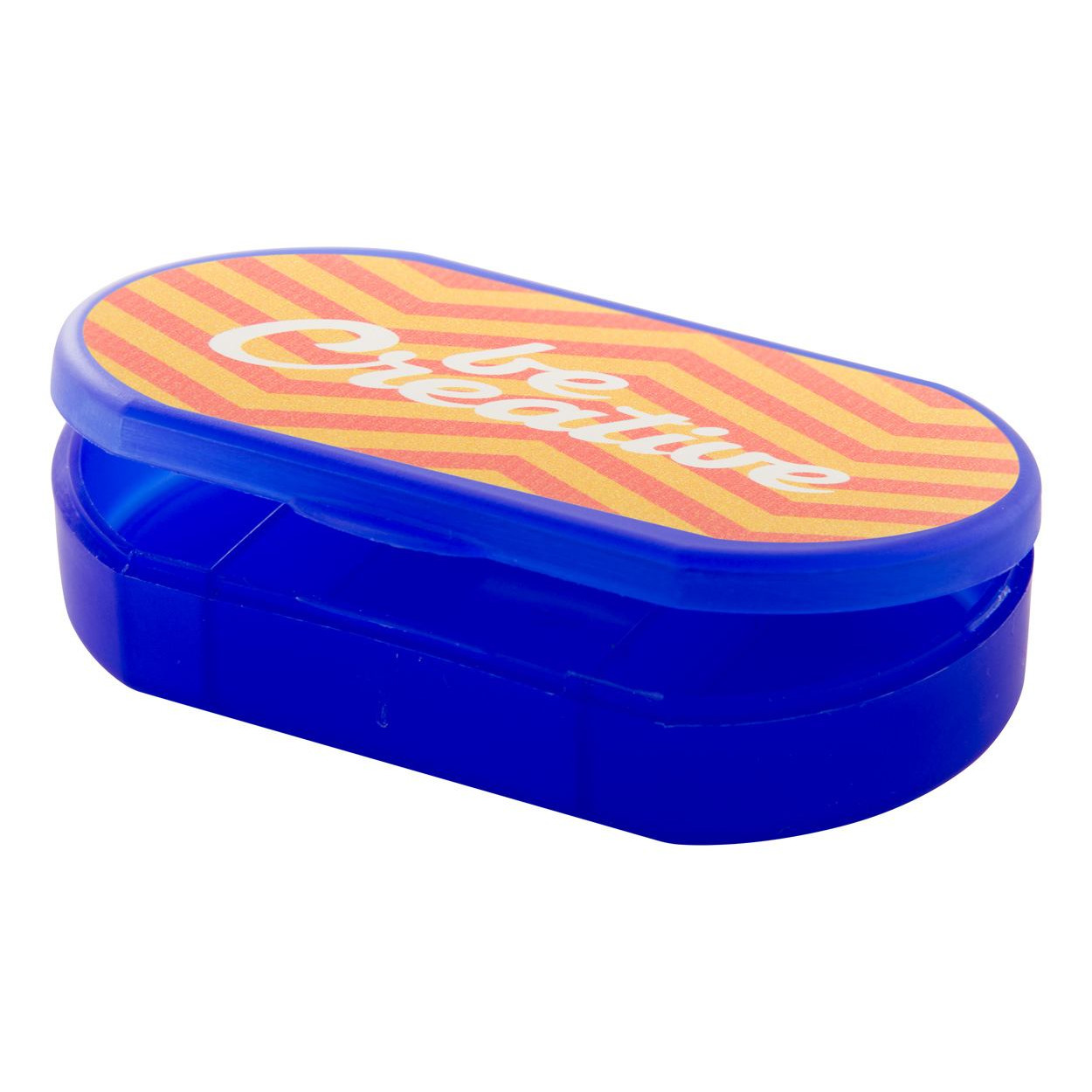 Porta pillole con tre scomparti in plastica blu con logo