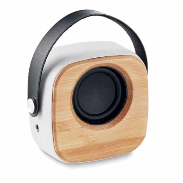 Speaker bluetooth in abs bianco con frontale in bamboo e manico in poliuretano