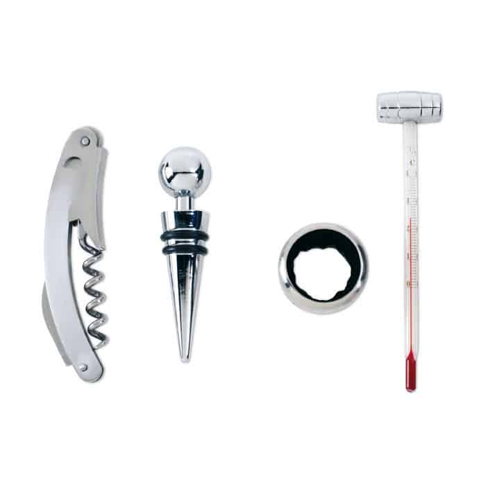 Cavatappi in acciaio, salva goccia in acciaio e feltro, tappo in acciaio e gomma e un termometro