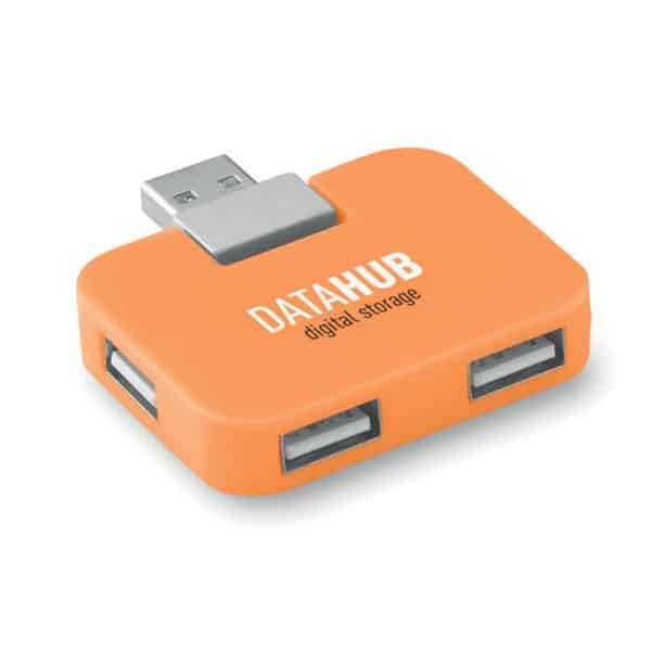 Hub in abs arancione con quattro ingressi usb con logo