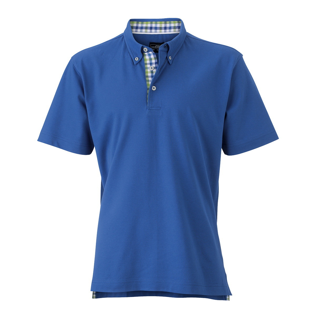 Polo blu royal unisex manica corta con fettuccia nel collo e spacchetti a quadretti blu verde bianco
