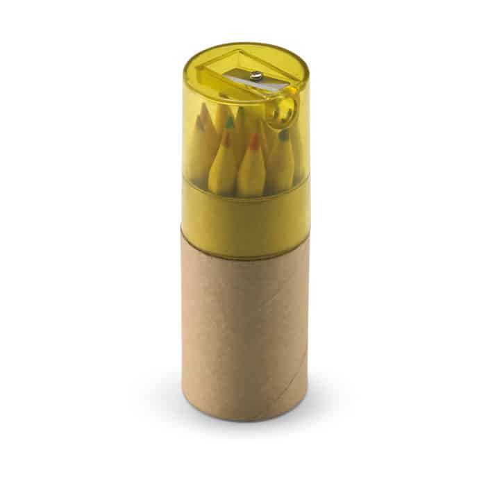 Set da dodici matite in contenitore cilindrico in cartoncino con temperino nel tappo arancione
