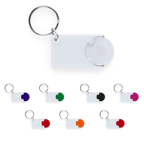 Portachiavi in plastica bianca con gettone di diversi colori e anello in metallo