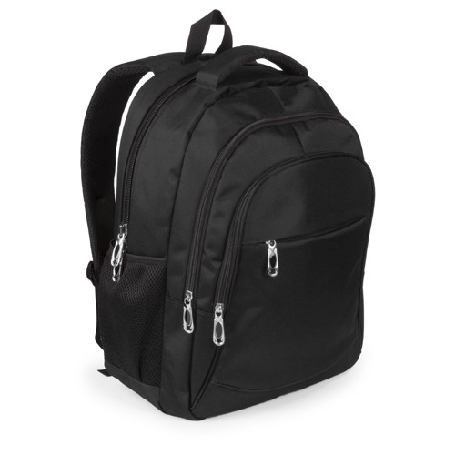 Zaino in nylon nero con tasca per pc, diversi scomparti con zip e spallacci imbottiti