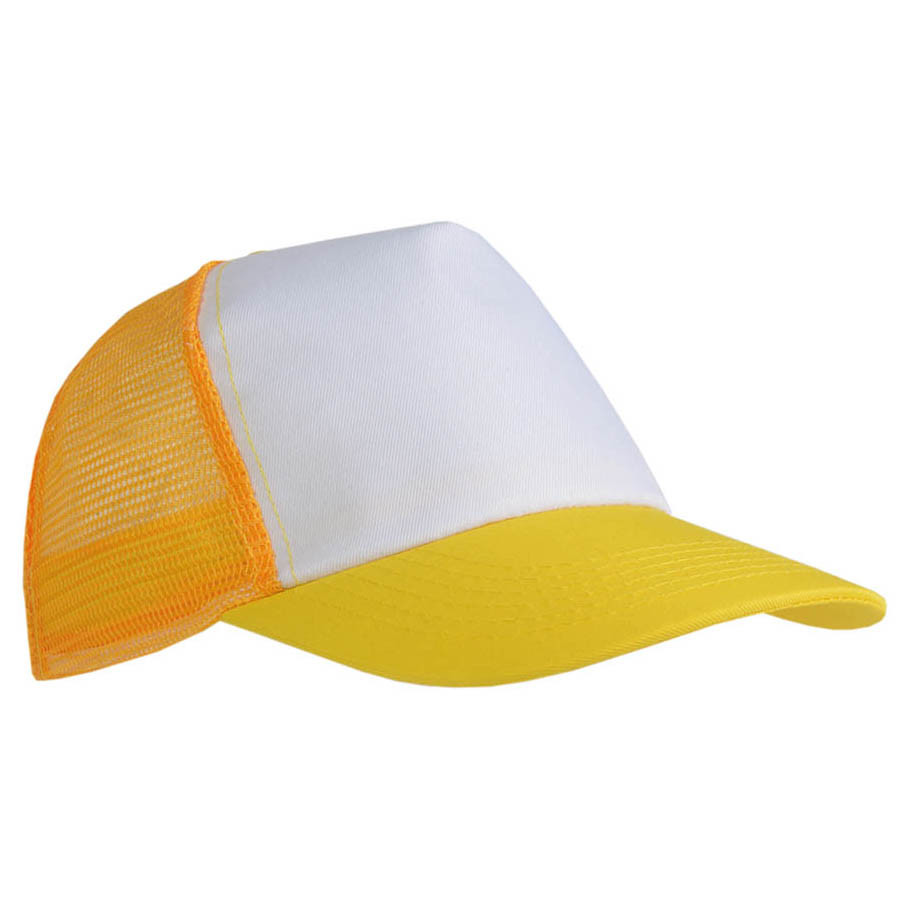 Cappellini in poliestere con pannello frontale bianco e con retro in rete e visiera gialli