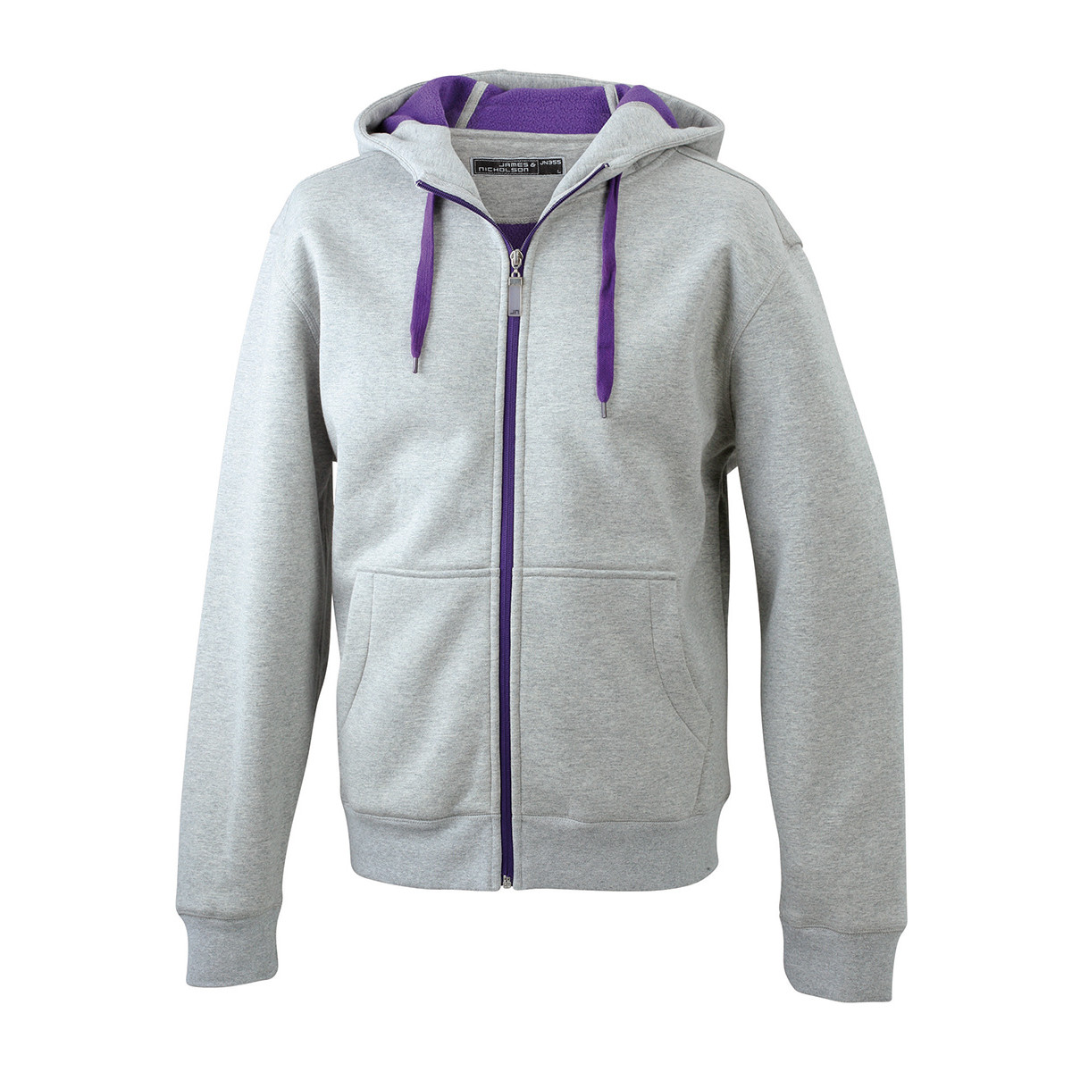 Felpa grigia con interno viola con cappuccio, zip, cordino e tasche a marsupio