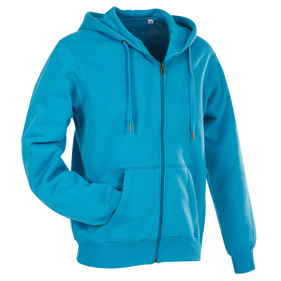 Felpa da uomo azzurra in cotone con cappuccio, zip e due tasche a marsupio