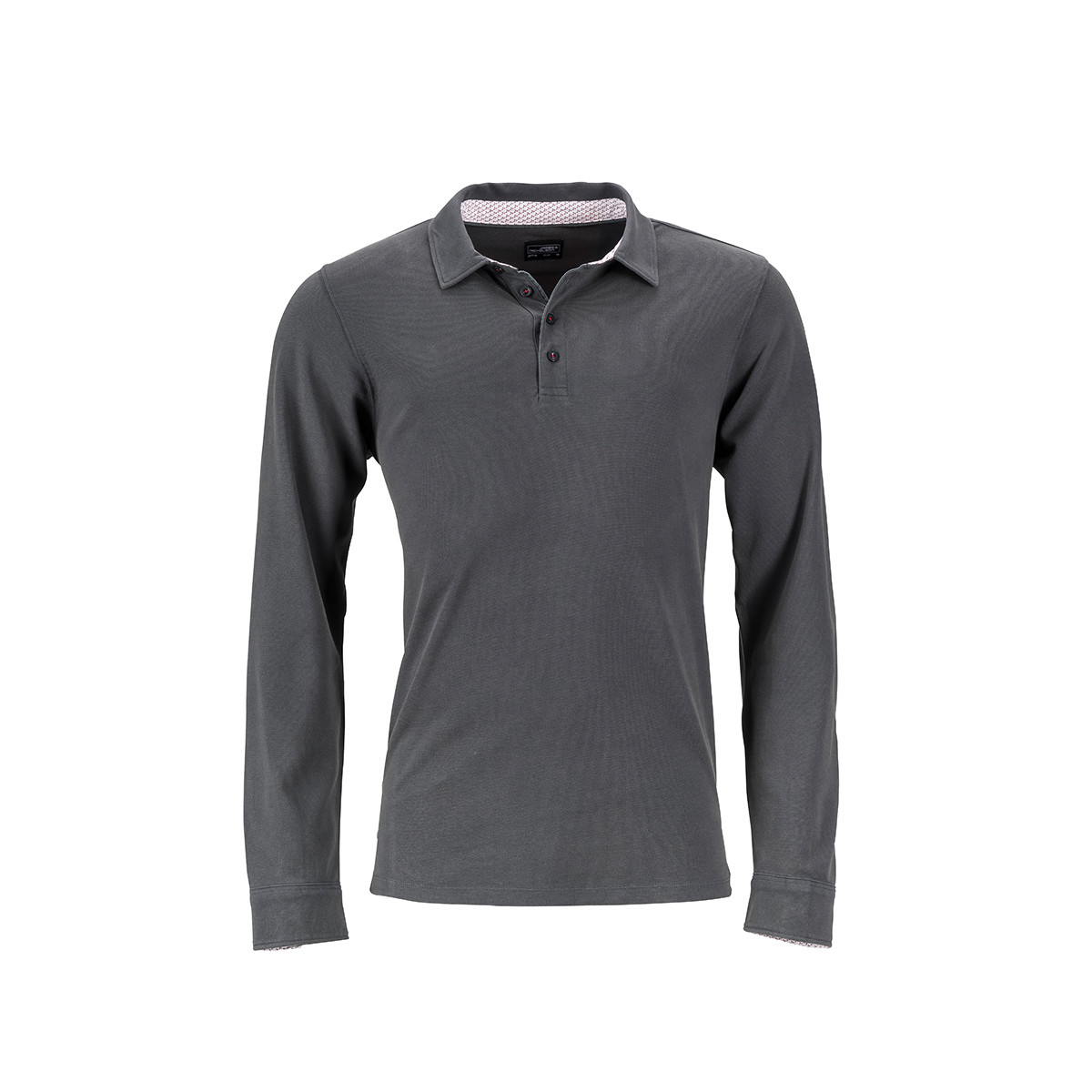 Polo uomo grigio grafite manica lunga inserti a contrasto nel colletto e 4 bottoni