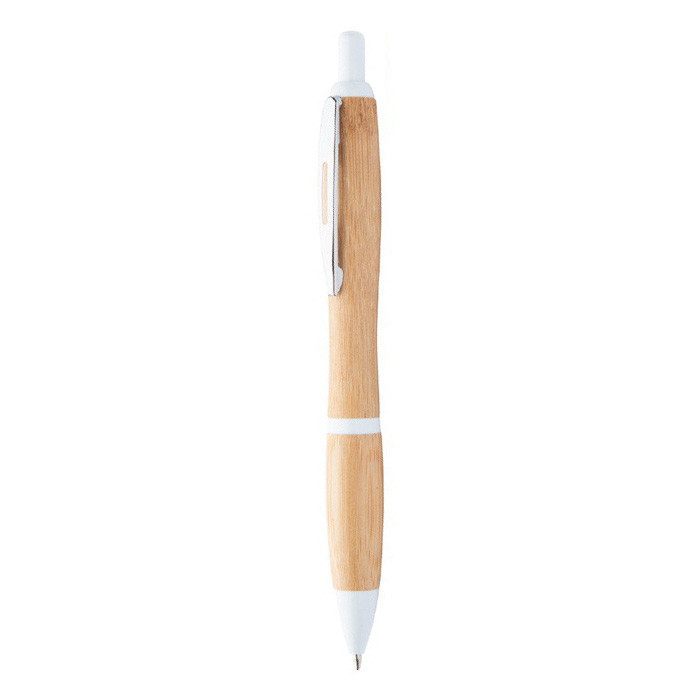 Penna a sfera in bamboo con clip in metallo e parti in plastica bianca