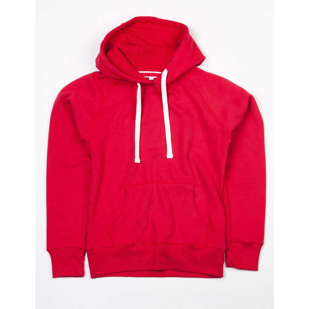 Felpa rossa con tascone, cappuccio e lacci bianchi