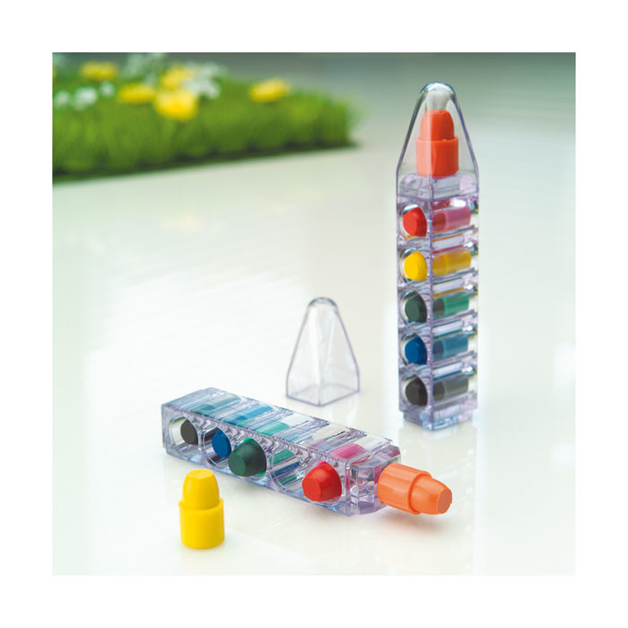 Set da sei pastelli con contenitore trasparente a forma di penna