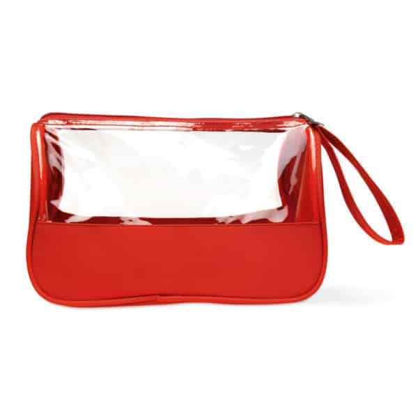 Trousse in microfibra rosso con banda trasparente in pvc