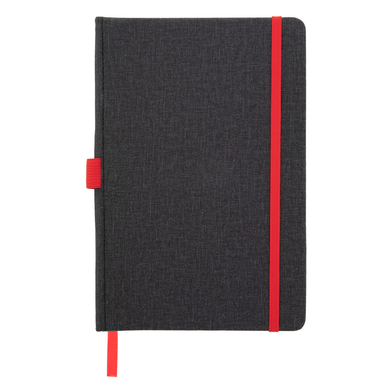 Bloc notes con copertina in similpelle nera con elastico, portapenne e segnalibro rosso