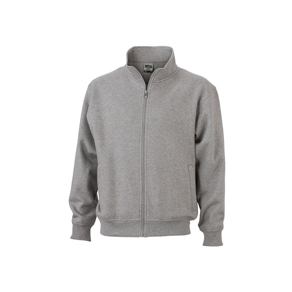 Felpa unisex grigia con collo alto con girovita e polsini in costina elastica su sfondo bianco