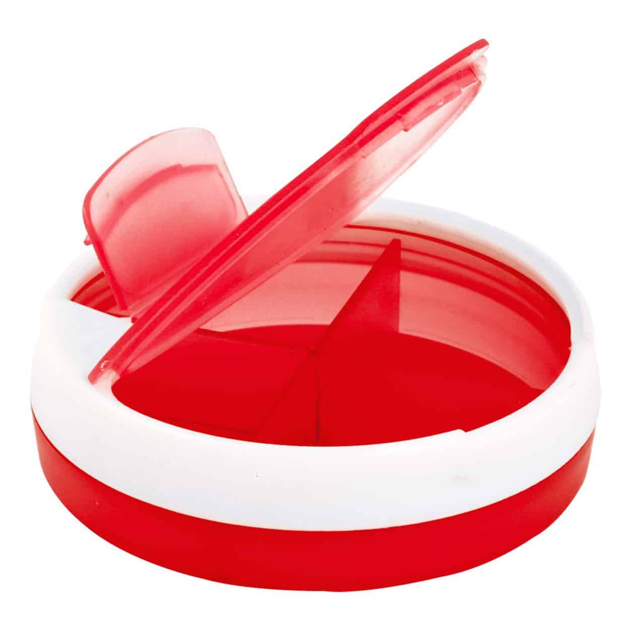 Porta pillole in plastica bianca e rossa