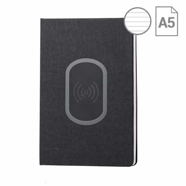 Bloc notes con copertina in poliestere nera e caricatore wireless