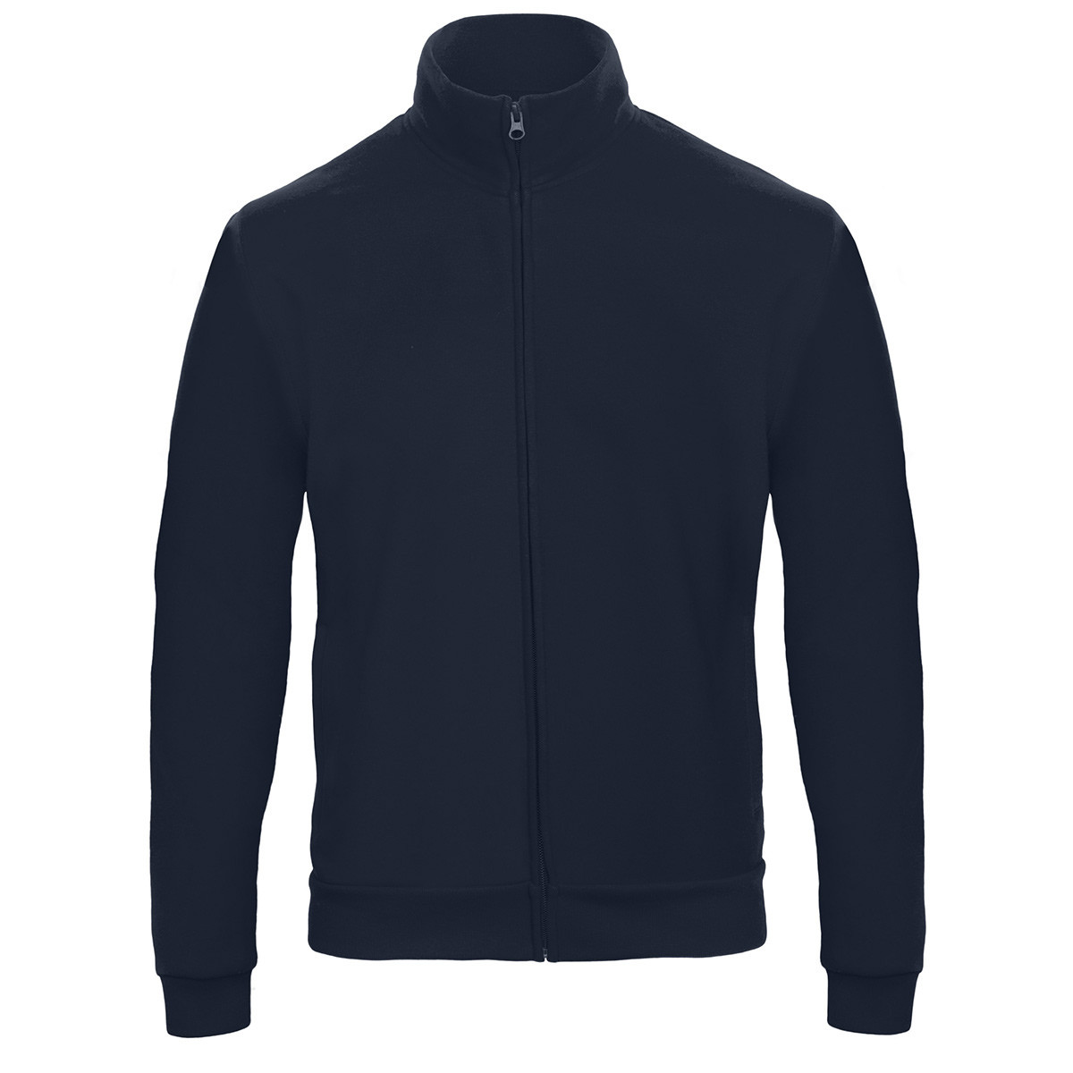 Felpa unisex blu navy collo alto con zip lunga su sfondo bianco