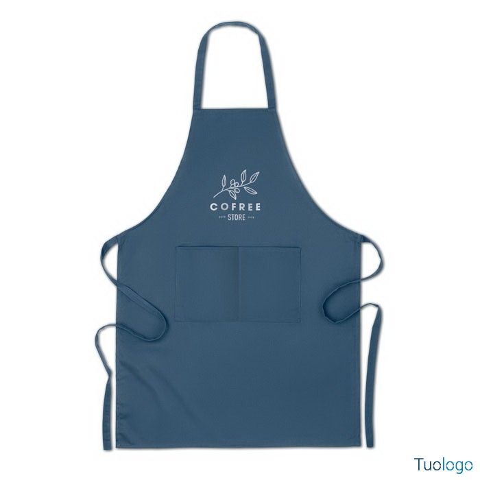 Grembiule blu con logo e doppia tasca frontale