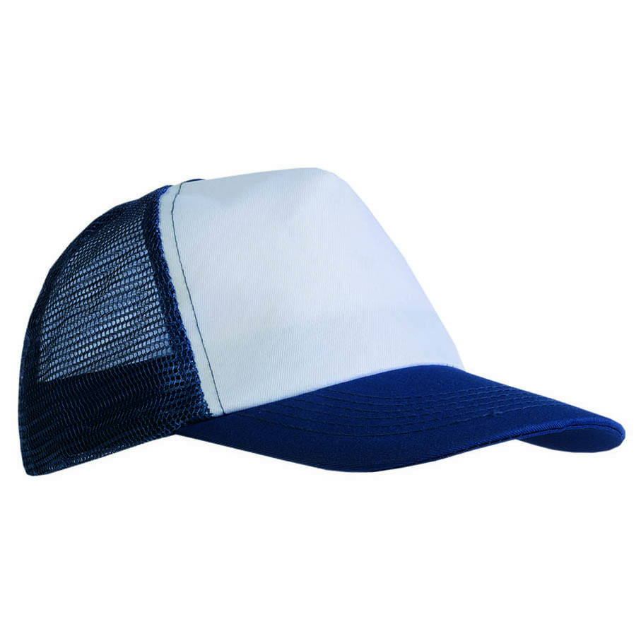 Cappellini in poliestere con pannello frontale bianco e con retro in rete e visiera blu