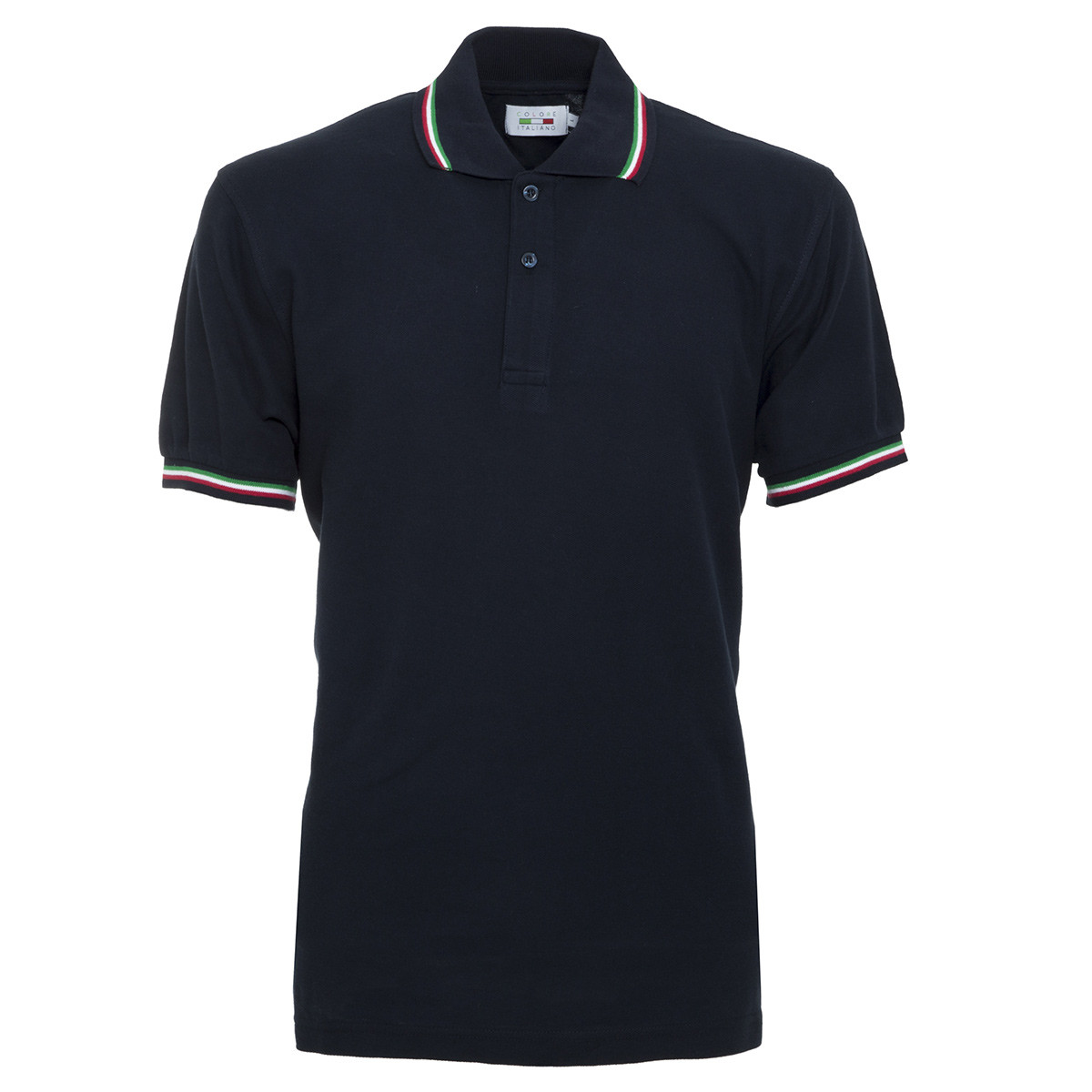Polo unisex blu navy manica corta con bordatura tricolore Italia su collo e maniche