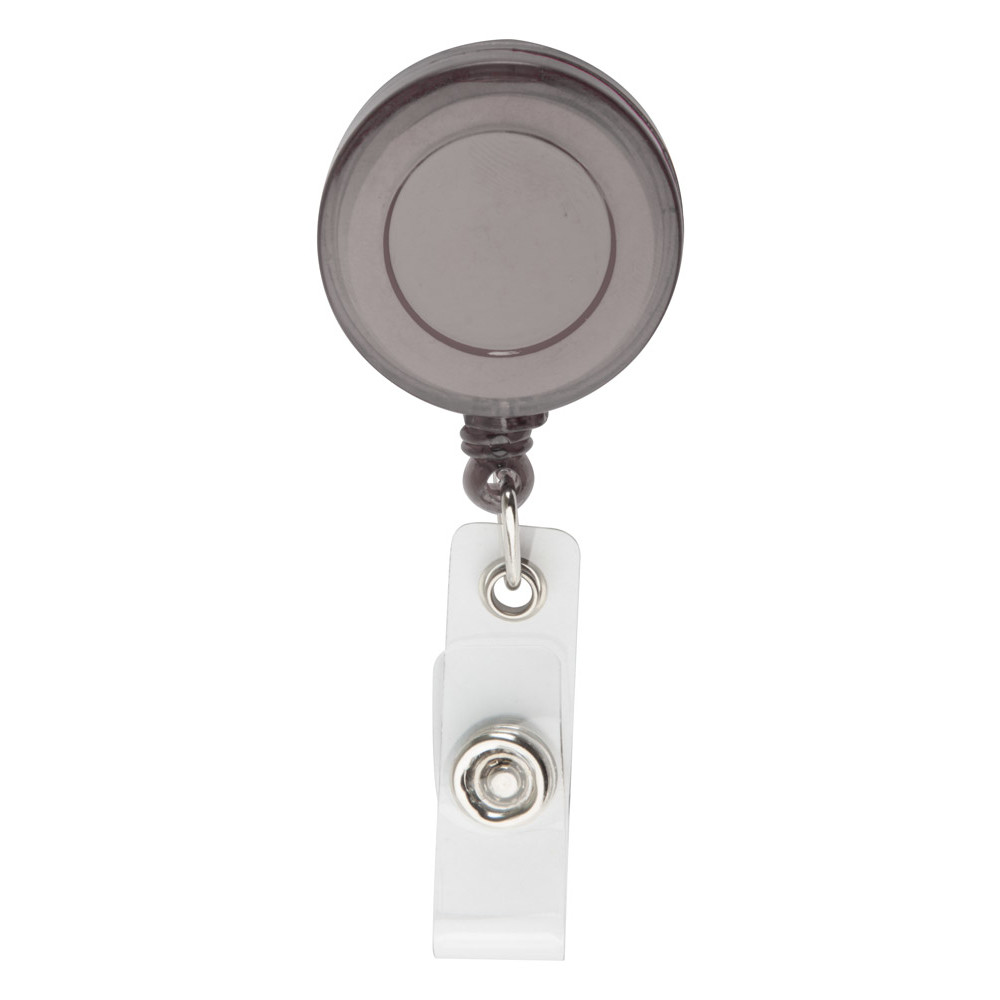 Portabadge in plastica grigia con chiusura a bottone con logo