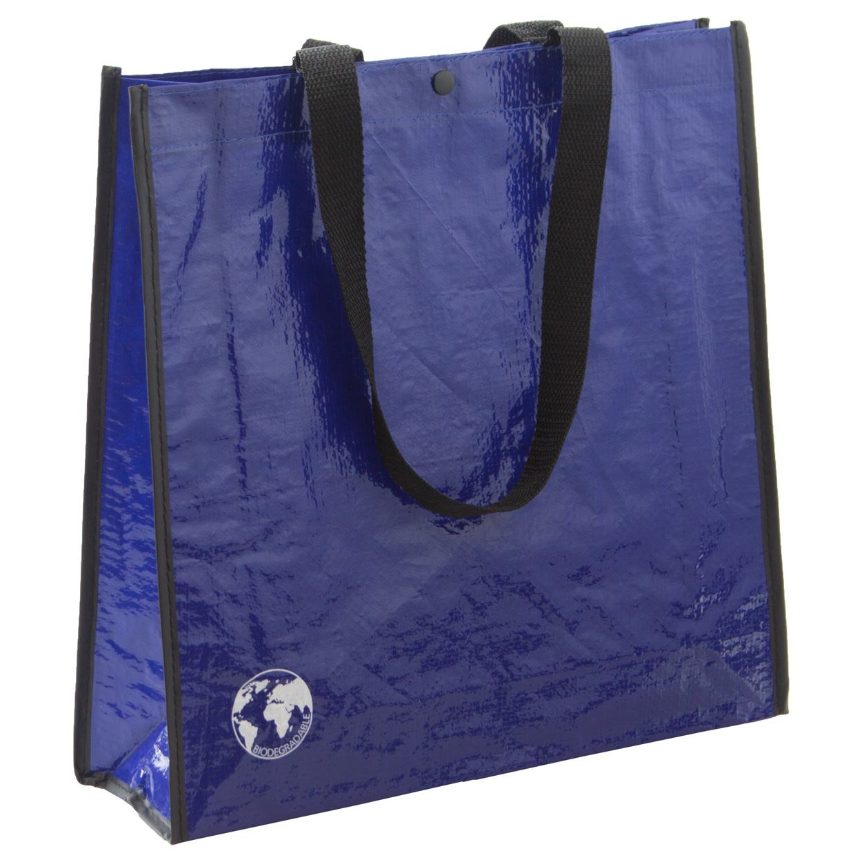 Shopper biodegradabile in pet blu biodegradabile con chiusura a bottone