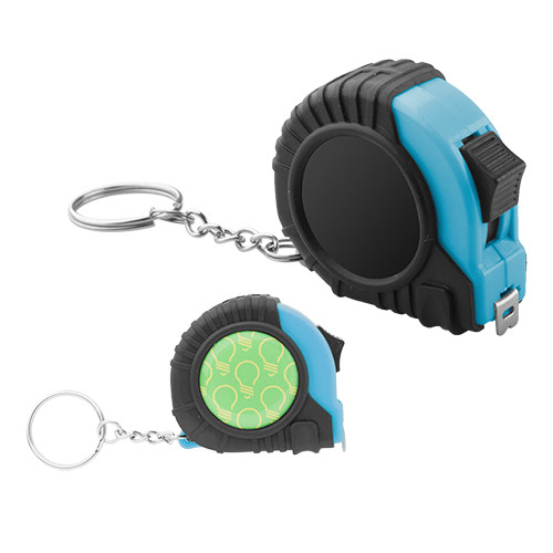 Metro avvolgibile in plastica azzurra con clip in metallo e anello portachiavi